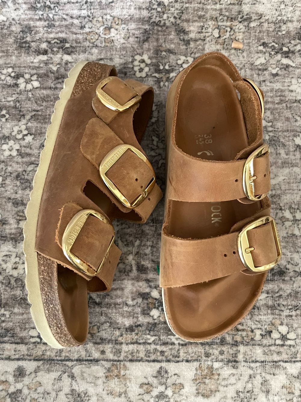 Birkenstock Big Buckle Milano Cognac Brown Oiled Leather Size 38 Gold Buckles - Picture 5 of 12